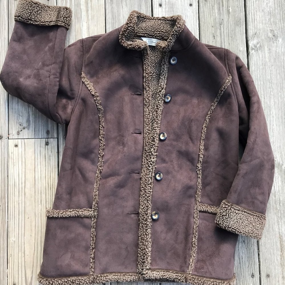 LL Bean Brown Coat Sherpa Fleece Lined Faux Suede
